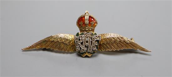 A 9ct gold, enamel and diamond set RAF sweethearts brooch, 51mm.